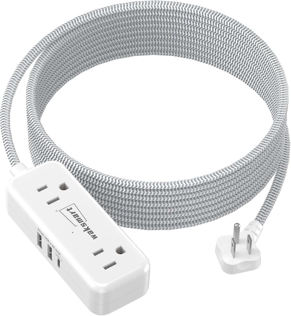 Flat Plug Extension Cord 20 FT with 4 AC Outlets 3 USB Ports (5V/3.4A 17W), 20Ft Long Braided Cord for Home Office College Dorm