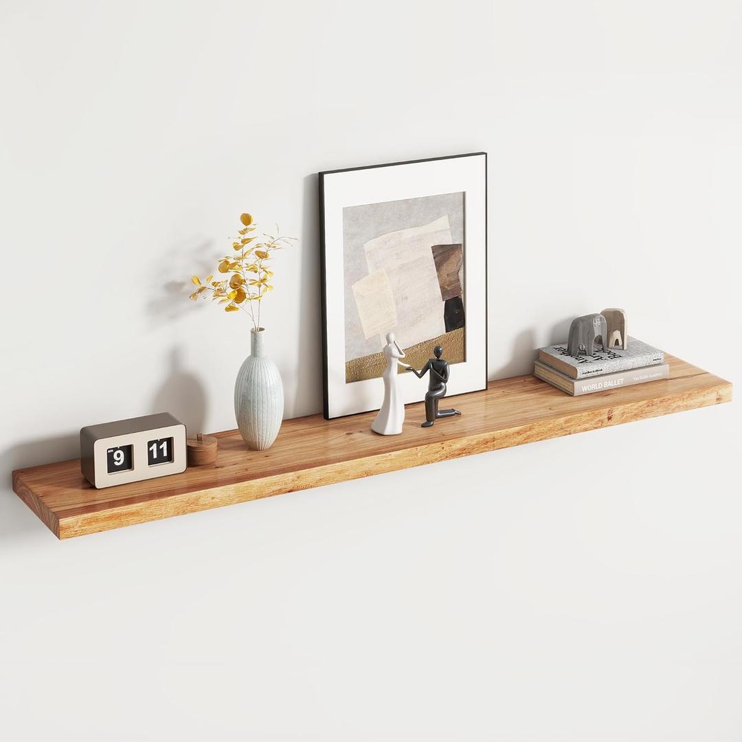 Rustic Elm Wood Floating Shelf for Wall, Flat Edge 55"W x 9.2"D x 1.4"H, 1 Pack with Invisible Bracket, Large Wall Mounted Storage Shelf for Living Room Bedroom Kitchen Bathroom Decor, Natural Finish