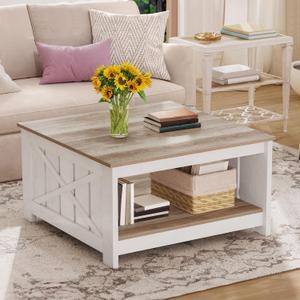 DWVO Square Coffee Table for Living Room, Farmhouse Coffee Table with Storage, 2-Tier Wood Coffee Tables Center Table with Half Open Storage Compartment, Grey Wash