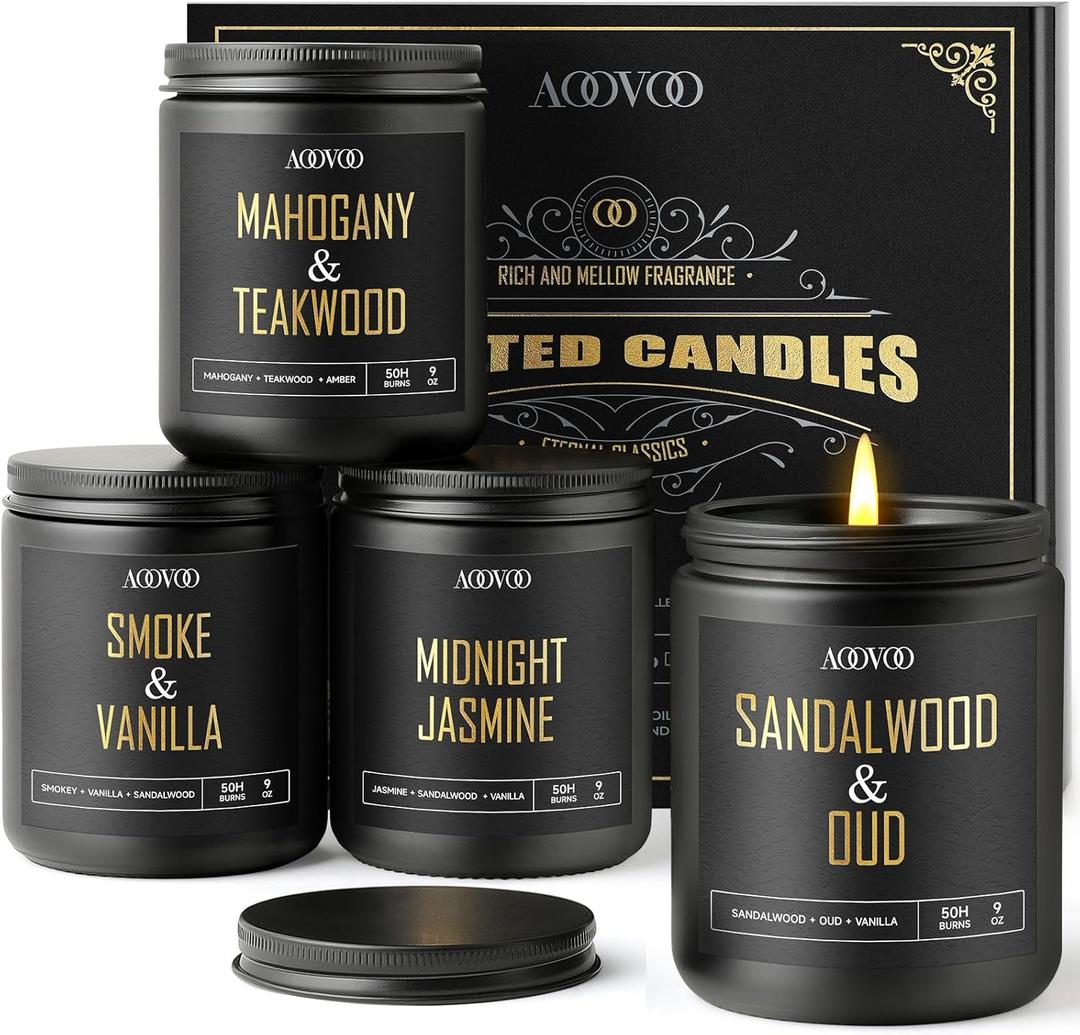 AOOVOO Scented Candles for Men - 4 Pack Candles for Home Scented, 36oz Soy Wax, 200 Hour Burn Time, Men Candle Set, Sandalwood Oud/Mahogany Teakwood/Smoke Vanilla/Jasmine Candle Set A