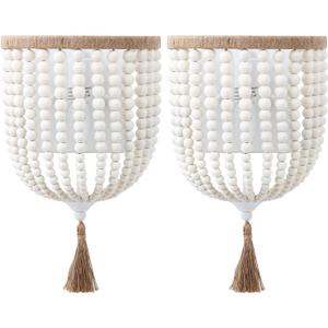 VILUXY Bohemia Wood Beaded Wall Sconces Bedside Antique Rustic Wall Sconce Lighting Fixture White Finishing for Bedroom, Hallway, Entryway, Passway, Bathroom, Vanity 2 Pack