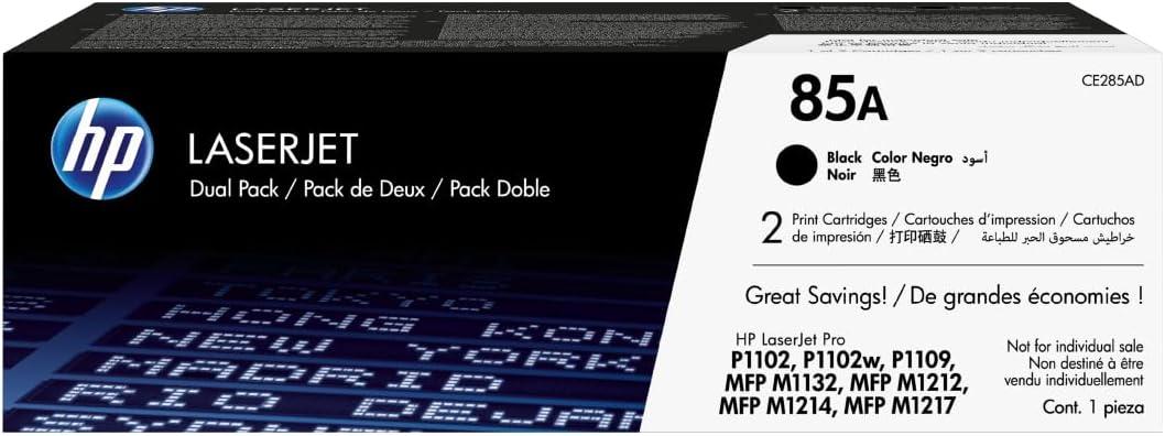 HP 85A Black Toner Cartridges (2-pack) | Works with HP LaserJet Pro P1102, P1109 Series, HP LaserJet Pro MFP M1212, M1217 Series | CE285AD
