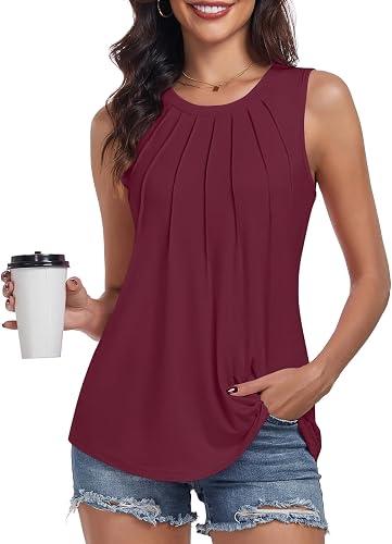 syoss Women's Summer Tank Tops Pleated Round Neck Sleeveless Trendy Tops for Women Dressy Casual, XL, Wine Red