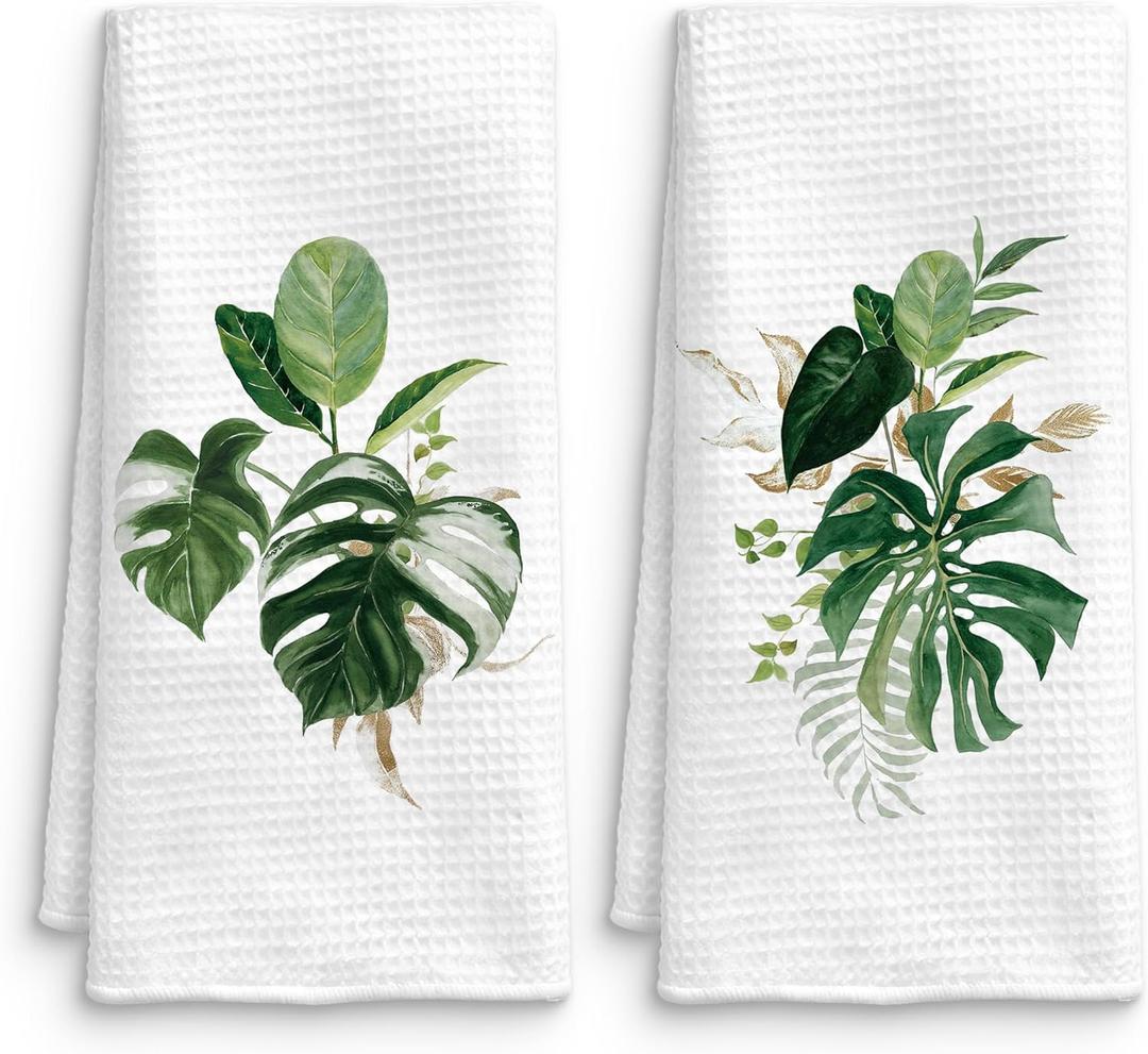 Tropical Monstera Leaf Kitchen Towels Set of 2, Green Jungle Palm Leaf Tropical Hand Towels for Bathroom Kitchen Decor, Green and White Botanical Dish Tea Towels, 16x24 Inches (Style 4)