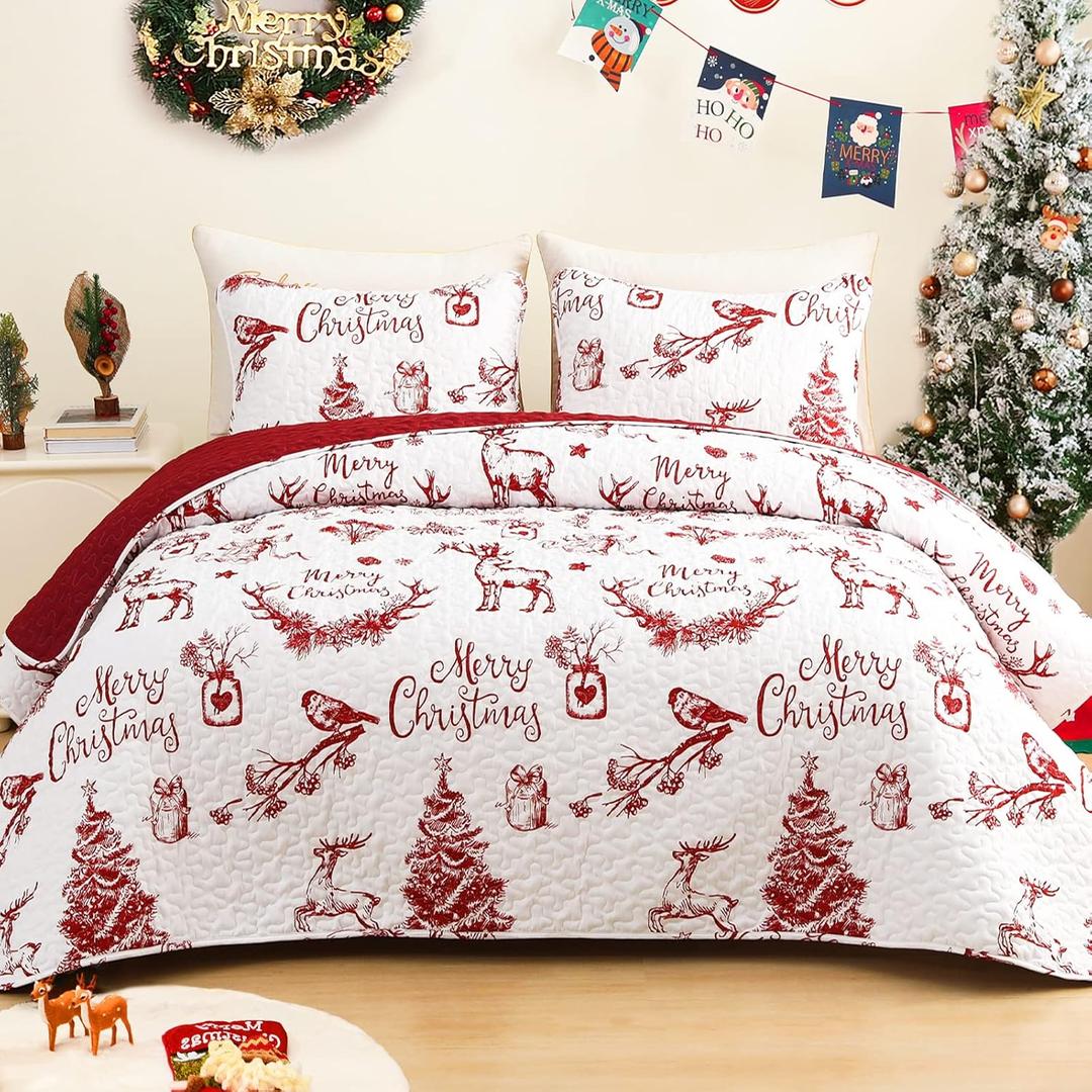 Exclusivo Mezcla Reversible Christmas Quilts Queen Size, Red Bedspread Lightweight Coverlet Winter Quilt Bedding Set with Printed Trees Reindeer Wreaths Pattern (1 Quilt, 2 Pillow Shams)