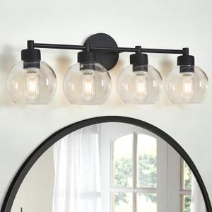 Bathroom Light Fixtures, Matte Black Vanity Light 4 Light, Bathroom Lights Over Mirror with Globe Glass Shade and Metal Base, Vanity Lights for Bathroom, Stairs, Kitchen