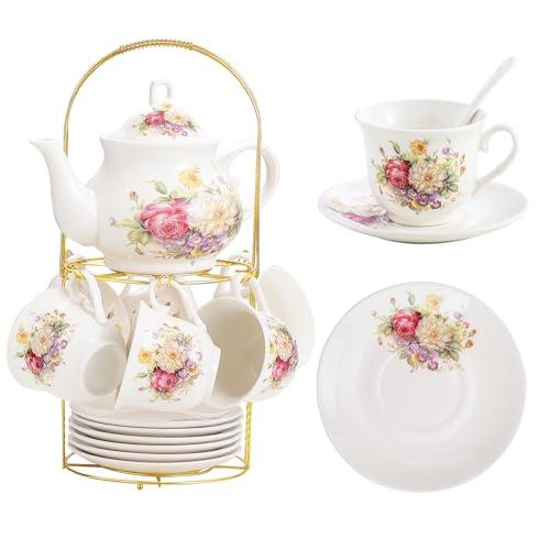 Only 19-Pieces Porcelain Tea Sets For Women, Tea Set For Adult with Golden Metal Rack,Tea Gift Sets for Home&Party(012)