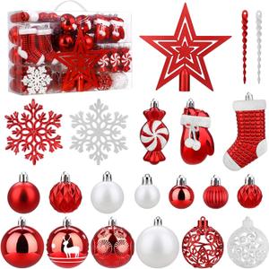 SOLEDI 128 Pcs Christmas Tree Decorations Set Assorted Christmas Ornaments, Pre-Tied Christmas Balls for Xmas Hanging Decorations Festival Holiday Decor, Shiny, Shatterproof Decorated Baubles, Red