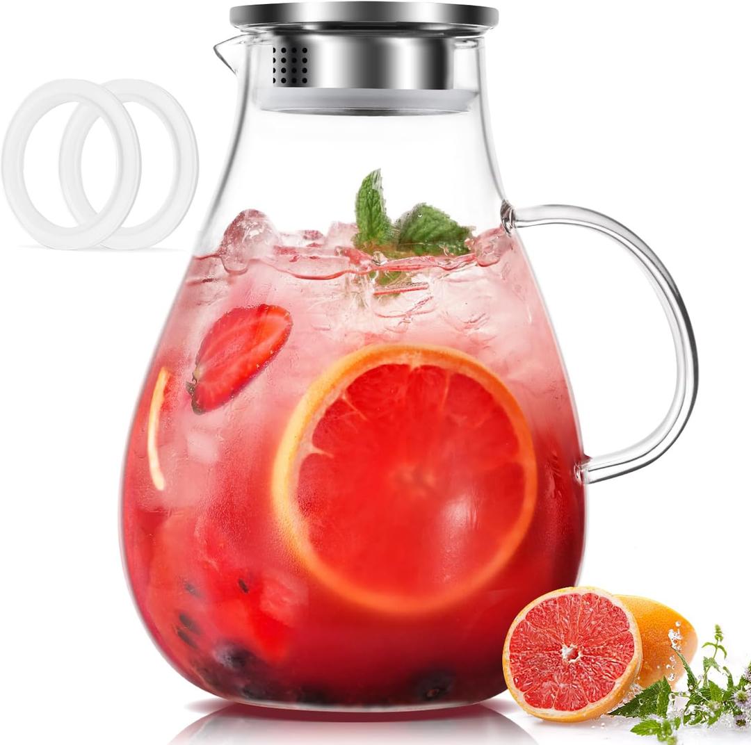 LUNA & MANTHA Glass Pitcher, 86oz Glass Water Pitcher with Lid, Large Hot Cold Water Jug, Borosilicate Drink Jug for Iced Tea, Sangria and Coffee Beverage Carafe with 2 Silicone Rings