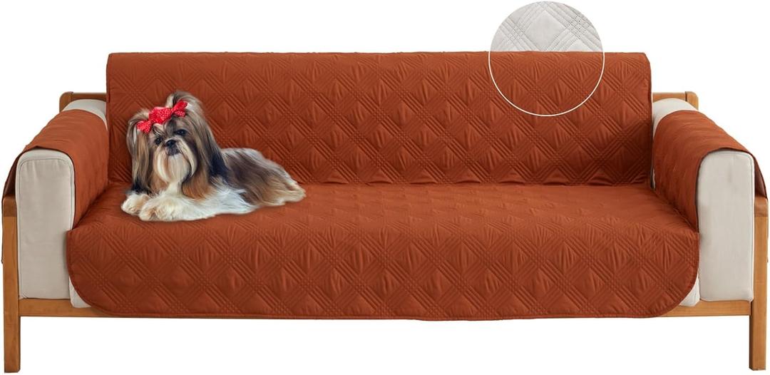 Qubjus Revesible Loveseat Sofa Cover Couch Covers for 2 Cushion Couch Sofa Washable Furniture Protector with Elastic Straps for Dogs Pets Kids(Brown-Orange, Loveseat)