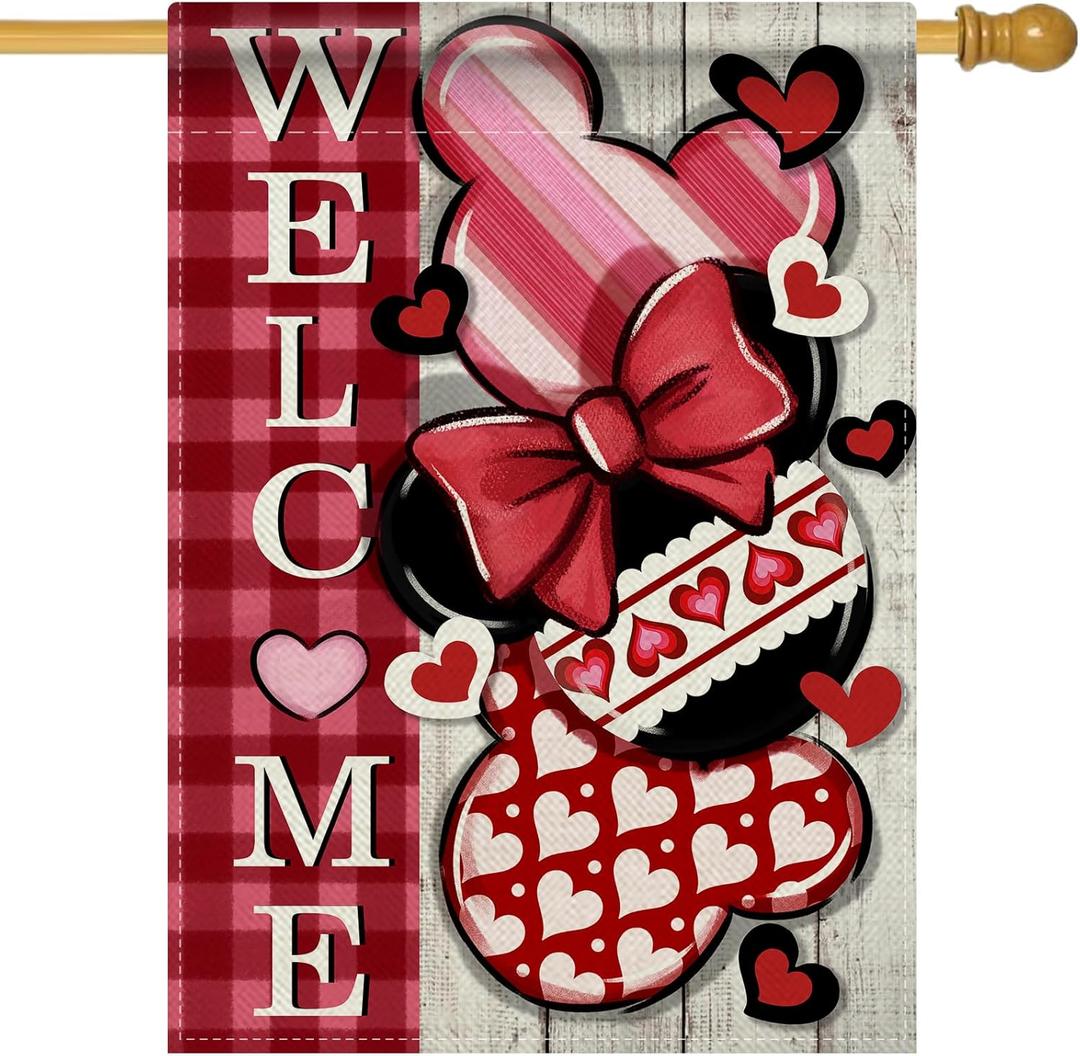 Welcome Decorative House Flag, Red Pink Plaid Stripe Polka Dot Farmhouse Garden Yard Outside Decorations, Anniversary Wedding Outdoor Large Home Decor Double Sided 28 x 40 (Mouse Valentines)