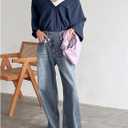 WDIRARA Women's Wrap Asymmetrical Waist Baggy Jeans Straight Leg Denim Pants (Blue, S)