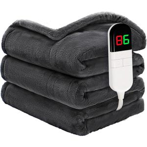 PTQ Heated Blanket Twin 62"×84"  Premium Cosy Soft Electric Blanket with 6 Heating Levels,Fast Heating Flannel Sherpa Machine Washable Blanket for Bed & Couch  Auto Shut Off Grey