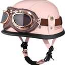 Yesmotor Motorcycle Half Helmet Retro German Handmade Leather Half Face Quick Release Buckle & Goggles - DOT Approved (Pink, XL)