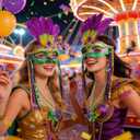 2 x Yukee Mardi Gras Mask W/Mardi Gras Beads Earrings Accessories for Women, Feathers Mardi-Gras Masks Masquerade Mask W/Mardi-Gras Beads Necklaces Fleur De Lis Earrings Jewelry for Carnival Party Parade