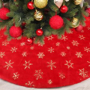 48 Inch Christmas Snowflake Tree Skirt Red Faux Fur Tree Skirt with Gold Sequin Snowflakes Red Gold Snowflake Soft Plush Round Xmas Trees Mat for Winter Holiday New Year Party Home Decor