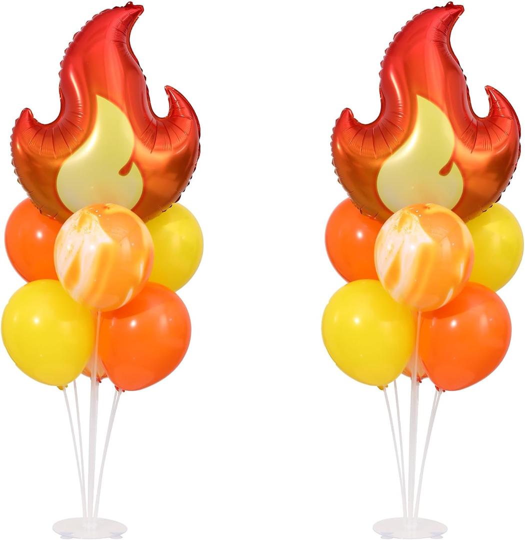 Fire Balloon Party Decorations,Fire Balloon Stand Kit 2 Sets on Table,2 Fire Foil Balloons with Orange Yellow Latex Balloons for Birthday Baby Shower Party Decorations