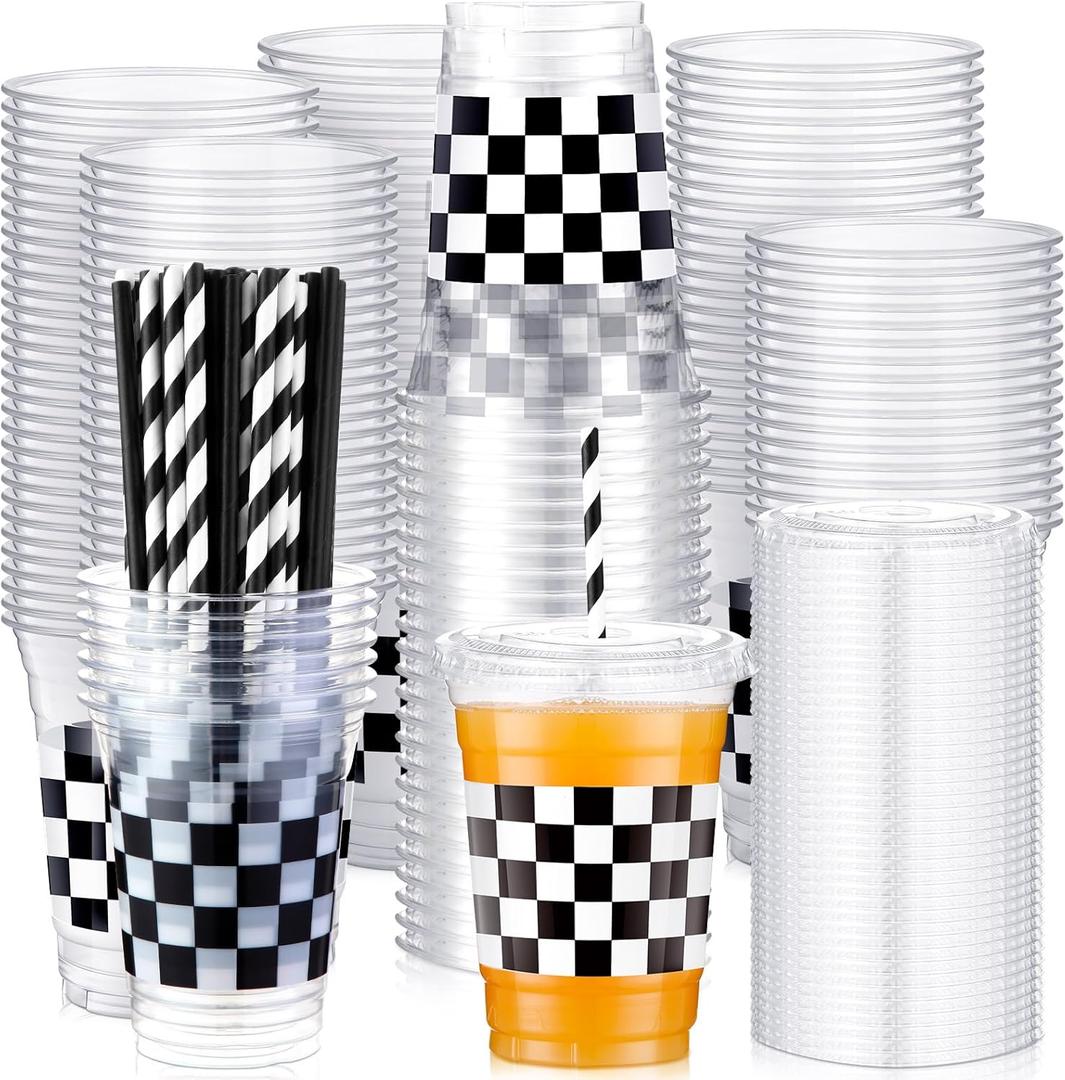 meekoo 50 Sets Checkered Cup with Flat Lids and Straws 12 oz White Black Checkered Flag Plastic Cups Clear Drink Disposable Cups with Lids for Race Car Themed Party Birthday Baby Shower Car Sports, White Black Checkered Flag, Plaid