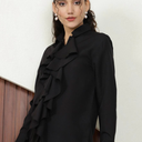 Elegant Cutaway Collar Cuffed Curved Hem Ruffled Shirt, Medium