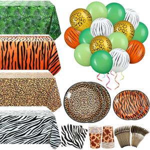 Jerify 169 Pieces Jungle Safari Zoo Animal Print Birthday Party Supplies Including Paper Plates Leopard Giraffe Cups Napkins Jungle Tablecloth Cheetah Table Cover Balloons Spoons Fork Party Decoration