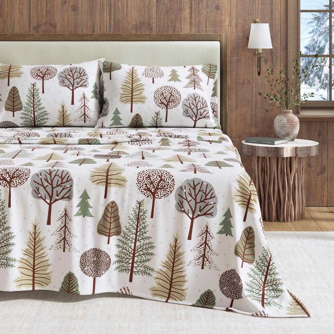 Great Bay Home Flannel Sheet Set Queen Size - 100% Turkish Cotton, Double-Brushed, Lodge-Printed Bed Sheets - Ultra-Soft, Cozy, 4-Piece Rustic Bedding Set (Snowy Forest)