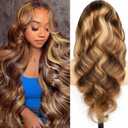 Yeuoin Ombre Highlight Lace Front Wigs Human Hair Pre Cut 5X5Glueless #4/27 Honey Blonde Body Wave Wigs for WomenPre Plucked with Baby Hair Lace Closure Wig with Drawstring200% Density ï¼ˆ28 Inchï¼‰