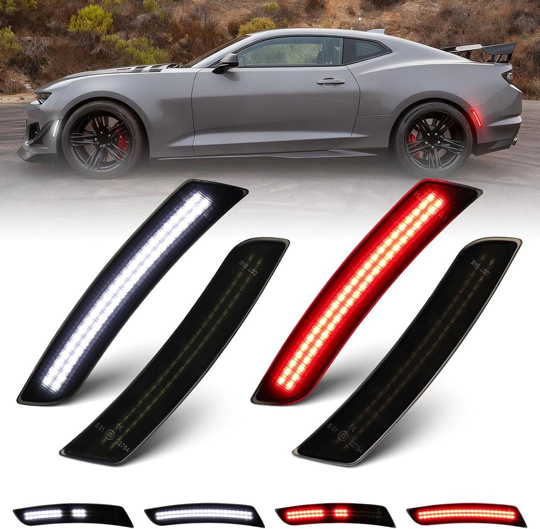 Dynamic Sequential White Red LED Side Marker Lights for Chevy Camaro 2016-2023 6th Gen LS LT SS RS ZL1, Smoked Lens Front Rear Bumper Marker Lamps 4PCS