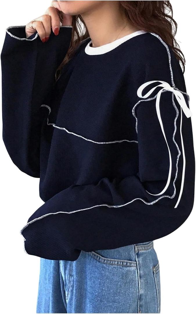 Verdusa Women's Bow Tie Oversized Tees Crew Neck Long Sleeve Drop Shoulder Pullovers, Small, Dark Blue