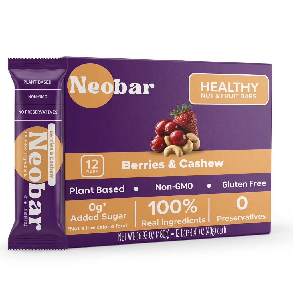 2 x NEOBAR Berries Cashew Fruit and Nut Bars - Plant-Based Vegan Snack Bars, Gluten Free Dairy Free Snacks, No Added Sugar, No Preservatives, Non-GMO | 12 Count (EXP 10/01/26)