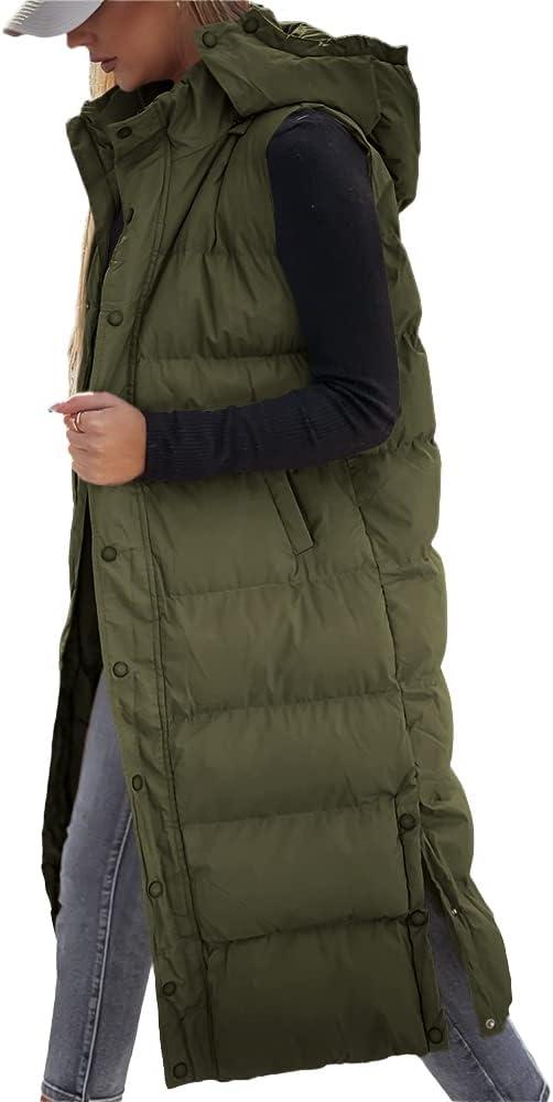 Grlasen Women's Long Puffer Vest Hooded Sleeveless Winter Coats Quilted Warm Zip Up Padded Outerwear (Large, Army Green)