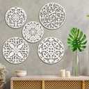 Wonderjune 5 Pcs Rustic Medallion Wall Decor White Floral Carved Wood Wall Art Round Farmhouse Wooden Hanging Art Boho Vintage Decoration for Home Living Room Bedroom Office Decor