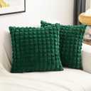 FUTEI Emerald Green Decorative Throw Pillow Covers 24x24 Inch Set of 2,Square Euro Cushion Case,Soft Fluffy Faux Rabbit Fur Plaid/Cozy Velvet,Modern Home Decor for Couch Bed
