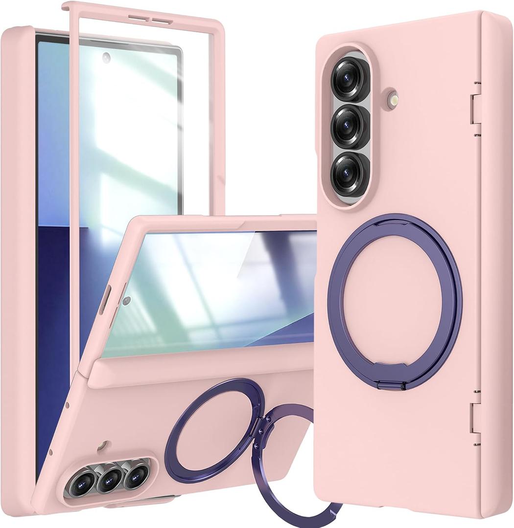 for Samsung Galaxy Z Fold 7 Case with Ring Holder Stand, Z Fold7 Magnetic Case Compatible Magsafe Accessories Screen Protector Hinge Cover Full-Body Slim Phone Case for Z Fold 7 Pink