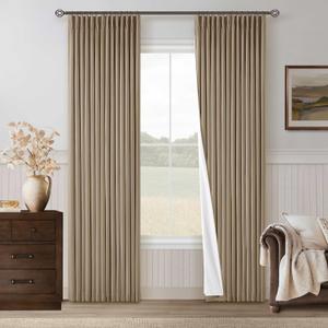 Light Brown Pinch Pleated 100% Blackout Linen Curtains for Bedroom 84 Inch Length Room Darkening with Liner Tan Coffee Window Curtains 84 Inches Long for Living Room Black Out Pleat Drapes Back Tab