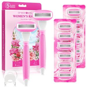 Razors for Women Include 2 Non-Slip Handles and 14 Blade Refills with a Shower Holder, 5 Premium Blades Women's Razors for Shaving with 360 Lubrication Reduces Irritation, Pink