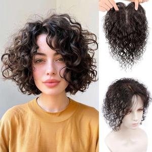 10" Curly Human Hair Topper for Women with Thinning Hair Loss,Fluffy Wavy Silk Base Topper Hair Piece Women Toupee Clip in Bangs Top Wiglet Hairpiece Dark Brown