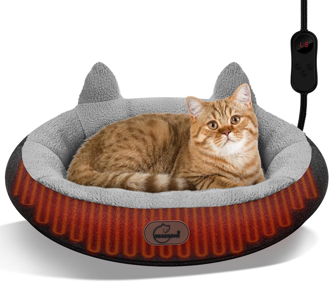 Heated Cat Bed for Small Size Cats, Heated Pet Bed with Timer & Temp Adjustable, Removable Waterproof Pet Heating Pad for Indoor, Gray Cozy Donut Electric Bed Heater Warmer for Kitten Cat (Large)