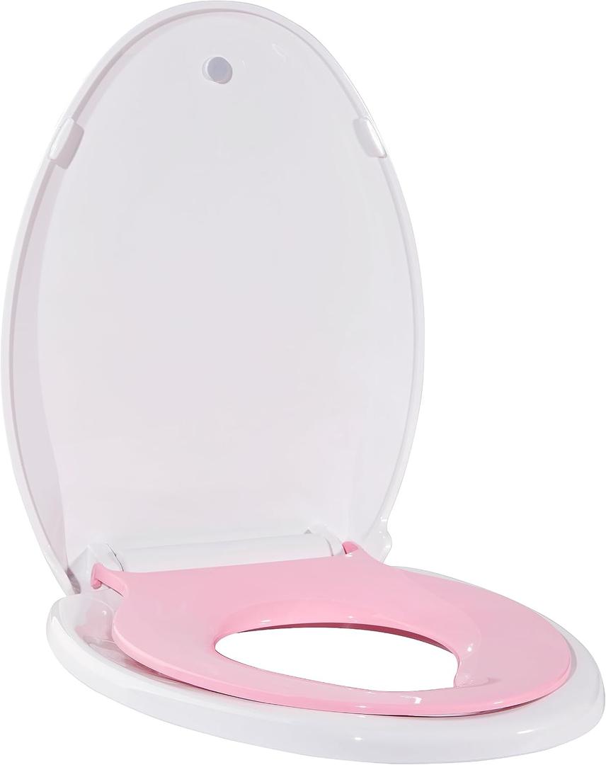 Elongated Toilet Seat, 19" Toilet Seat with Potty Training Seat for Kids, Quiet Close Hinges, Safe PP Material, Easy Install for Family Bathrooms, Pink
