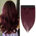 Benehair Burgundy One Piece Clip in Hair Extensions - Human Hair, Wine Red, 12inch, 3/4 Full Head, Remy, Long Straight, Natural Soft, 5 Clips