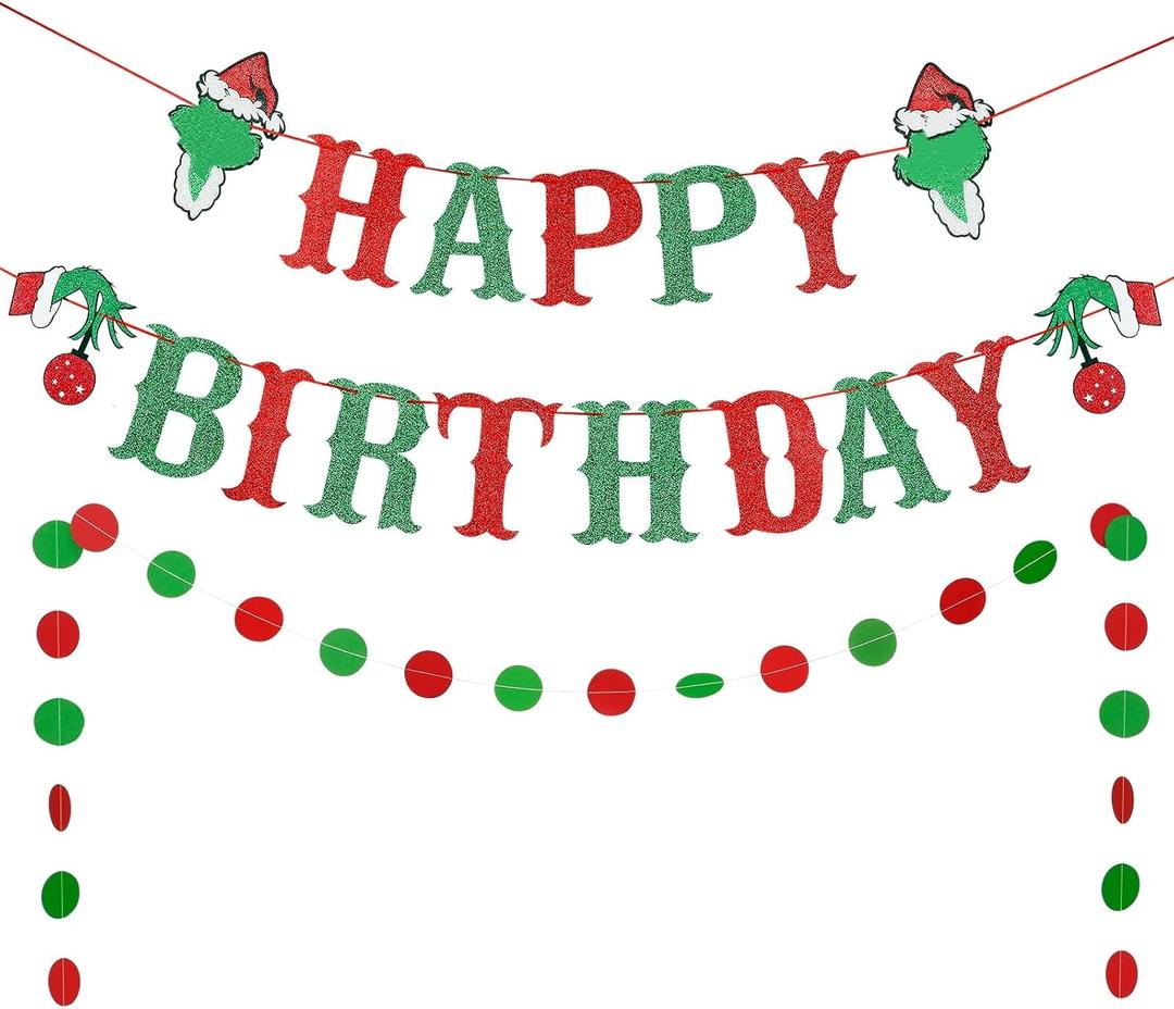 TeePolly Red and Green Glitter Grinches Christmas Happy Birthday Banner for Christmas Birthday Party Decorations