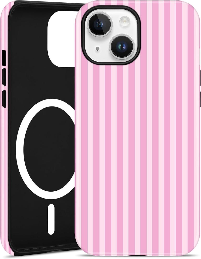 Jusy Compatible with MagSafe Striped Phone Case for iPhone 15 Plus, Cute Aesthetic Magnetic Soft TPU and Hard PC Protective Phone Cover for Women Girls Matte - Dark Pink