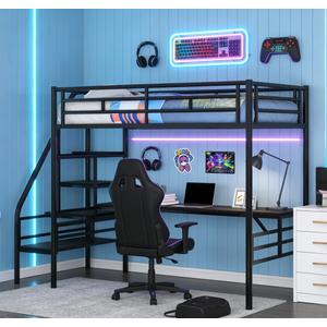 Bellemave Twin Size Loft Bed with Storage Stairs, Metal Loft Bed for Kids, Teens, Black