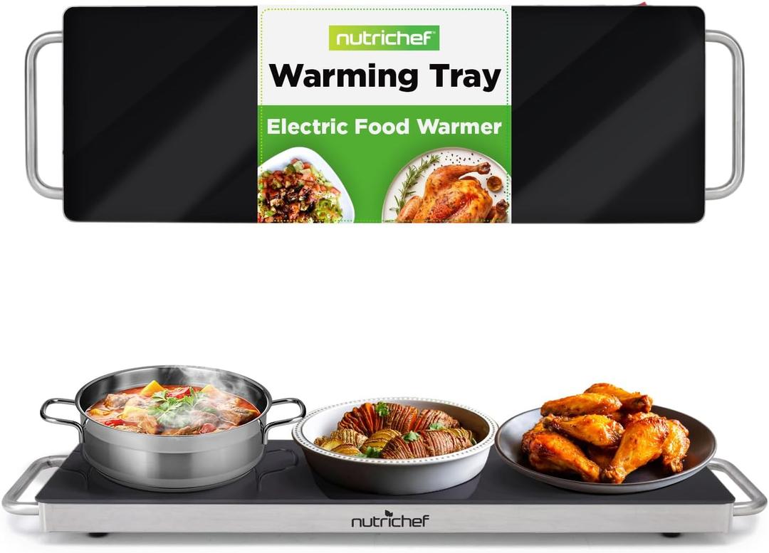 NutriChef Portable Electric Food Hot Plate-Stainless Steel Warming Tray&Dish Warmer with Black Glass Top-Keep Food Warm for Buffets,Restaurants,Parties&Home Dinners-22' x 6'-Heats up to 203F
