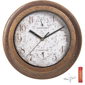 12 Inch Indoor/Outdoor Waterproof Wall Clock with Thermometer & Humidity, Silent Non-ticking Quartz Clock for Courtyard Kitichen Living Room Bathroom Balcony Greenhouse Garden Pool Patio (brown)