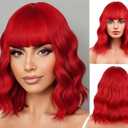 Red Wig Neon Red Wigs Short Curly Wigs with Bangs for Women Daily Party or Cosplay Hairnet Include