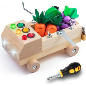 Kids Montessori Busy Board Screwdriver Toys Cars for Toddler 2 3 4 5 Year Old Wooden Tool Set with LED Light Vegetable Toy Sensory Learning Toy STEM Fine Motor Skills Toys for Boys Girls Gift
