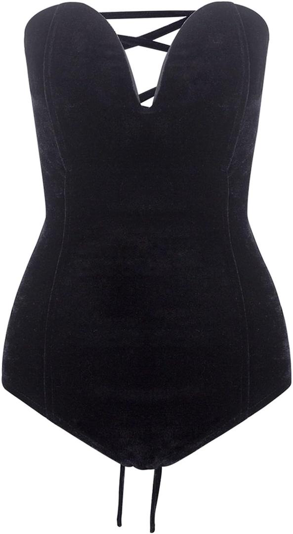 Choies Women's Burgundy/Black Sexy Plunge Neck Strapless Cross Back Velvet Bodysuit (Medium)