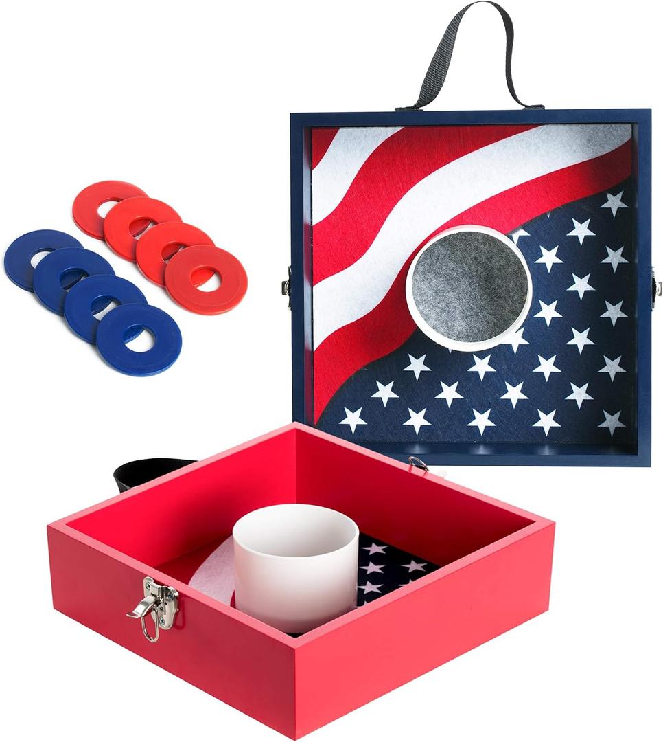 Washer Toss Game Set, Premium Wooden Outdoor Games for Adults and Family, Portable Pitching Target with 8 Steel Washers & Carry Handle, Patriotic Lawn Game for Backyard, Tailgating, Camping