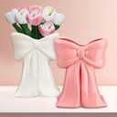 2Pcs Coquette Pink Ceramic Bow Vases for Home Living Decor | Bow Vases for Centerpieces Pink White Vase Makeup Brush Pen Holder for Home Office Table Wedding Living Room Boho Decor
