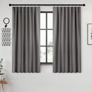 ANRODUO Rod Pocket and Back Tab Pleated Blackout Curtains with Hooks, Rings, Grey Curtains 63 Inches Long 2 Panels, Thermal Insulated Room Darkening Living Room Bedroom Curtain, 42x63 Inches
